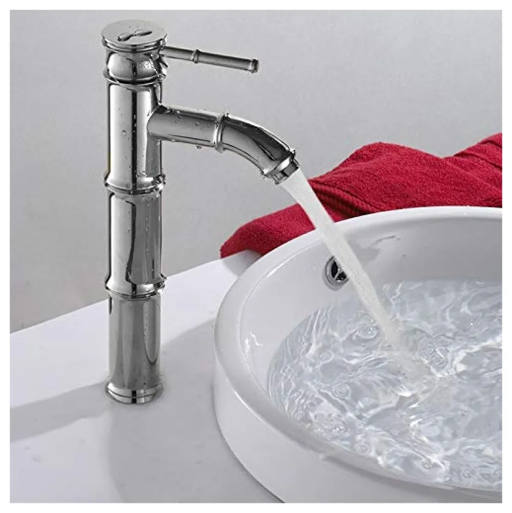 Chrome Silver Bamboo Spout Single Lever Basin Mixer with 2 Braided Connection Pipes 450mm Hot and Cold, Bamboo with Aerated Water Flow, 12 Inches Height Premium