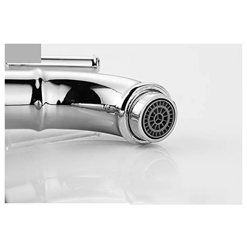 Chrome Silver Bamboo Spout Single Lever Basin Mixer with 2 Braided Connection Pipes 450mm Hot and Cold, Bamboo with Aerated Water Flow, 12 Inches Height Premium