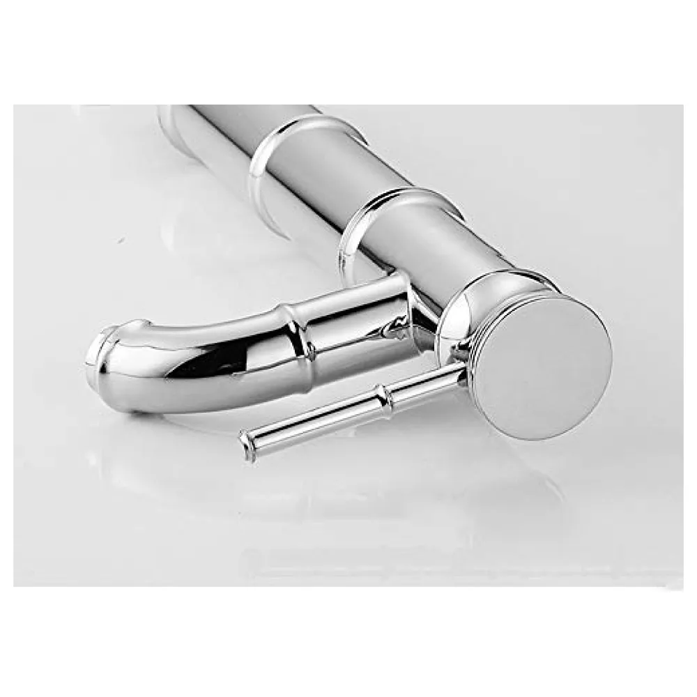 Chrome Silver Bamboo Spout Single Lever Basin Mixer with 2 Braided Connection Pipes 450mm Hot and Cold, Bamboo with Aerated Water Flow, 12 Inches Height Premium