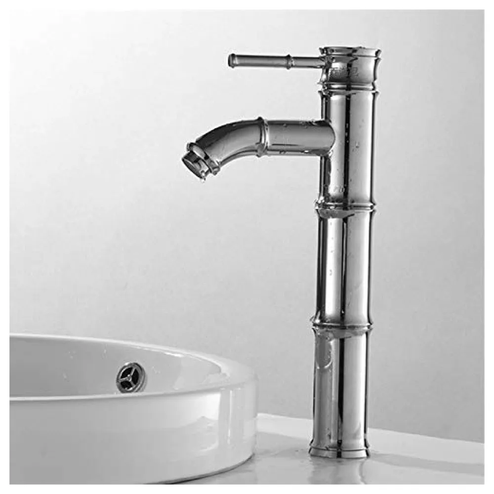 Chrome Silver Bamboo Spout Single Lever Basin Mixer with 2 Braided Connection Pipes 450mm Hot and Cold, Bamboo with Aerated Water Flow, 12 Inches Height Premium