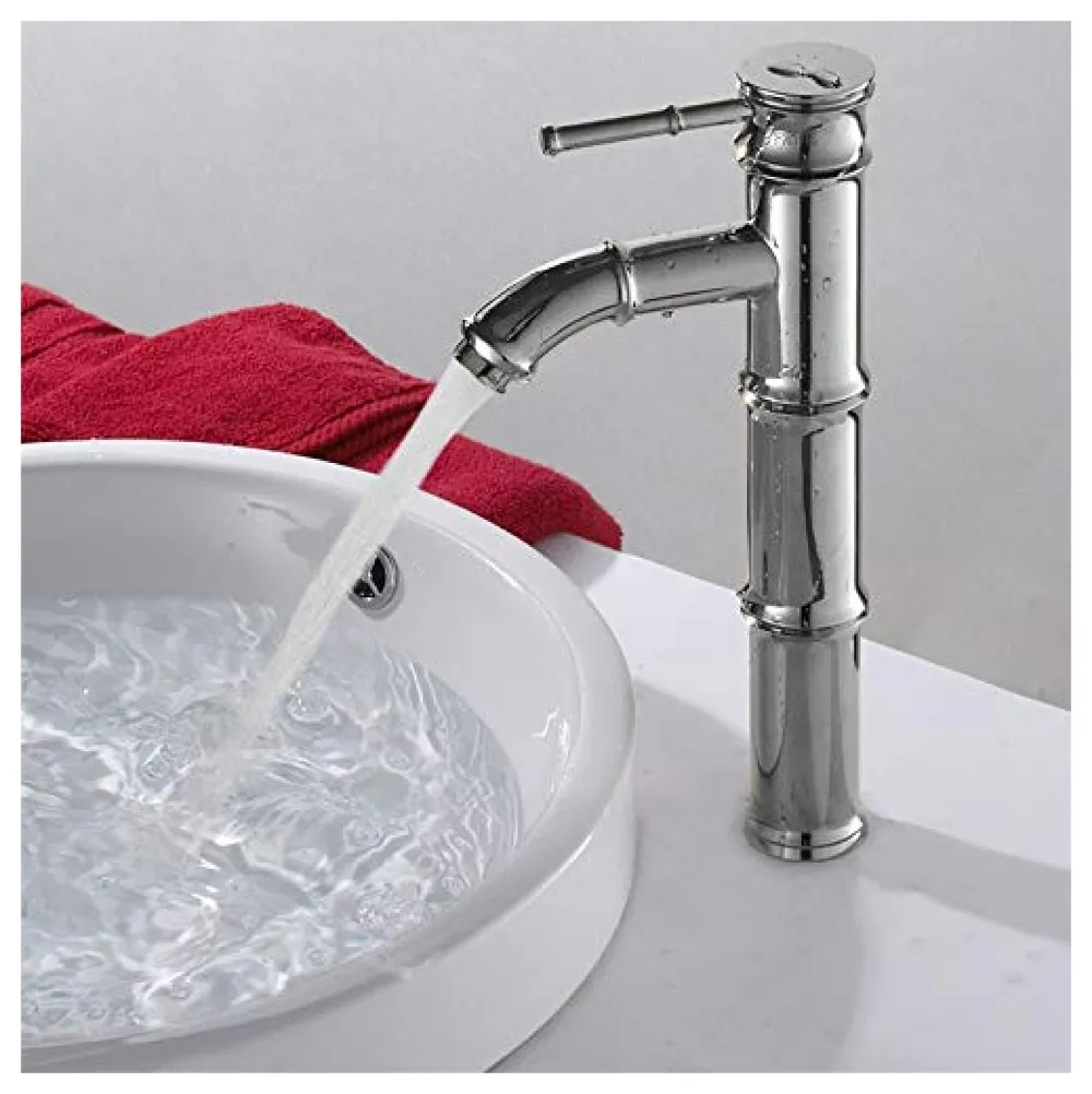 Chrome Silver Bamboo Spout Single Lever Basin Mixer with 2 Braided Connection Pipes 450mm Hot and Cold, Bamboo with Aerated Water Flow, 12 Inches Height Premium