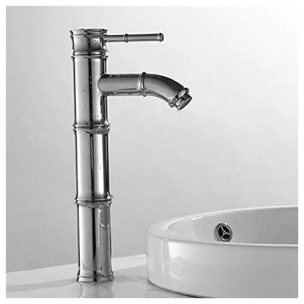 Chrome Silver Bamboo Spout Single Lever Basin Mixer with 2 Braided Connection Pipes 450mm Hot and Cold, Bamboo with Aerated Water Flow, 12 Inches Height Premium