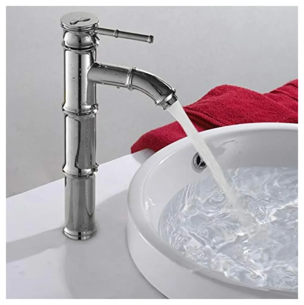 Chrome Silver Bamboo Spout Single Lever Basin Mixer with 2 Braided Connection Pipes 450mm Hot and Cold, Bamboo with Aerated Water Flow, 12 Inches Height