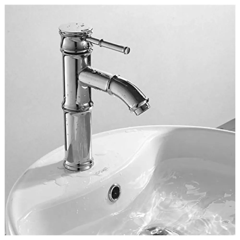 Chrome Silver Bamboo Spout Single Lever Basin Mixer with 2 Braided Connection Pipes 450mm Hot and Cold, Bamboo with Aerated Water Flow, 12 Inches Height