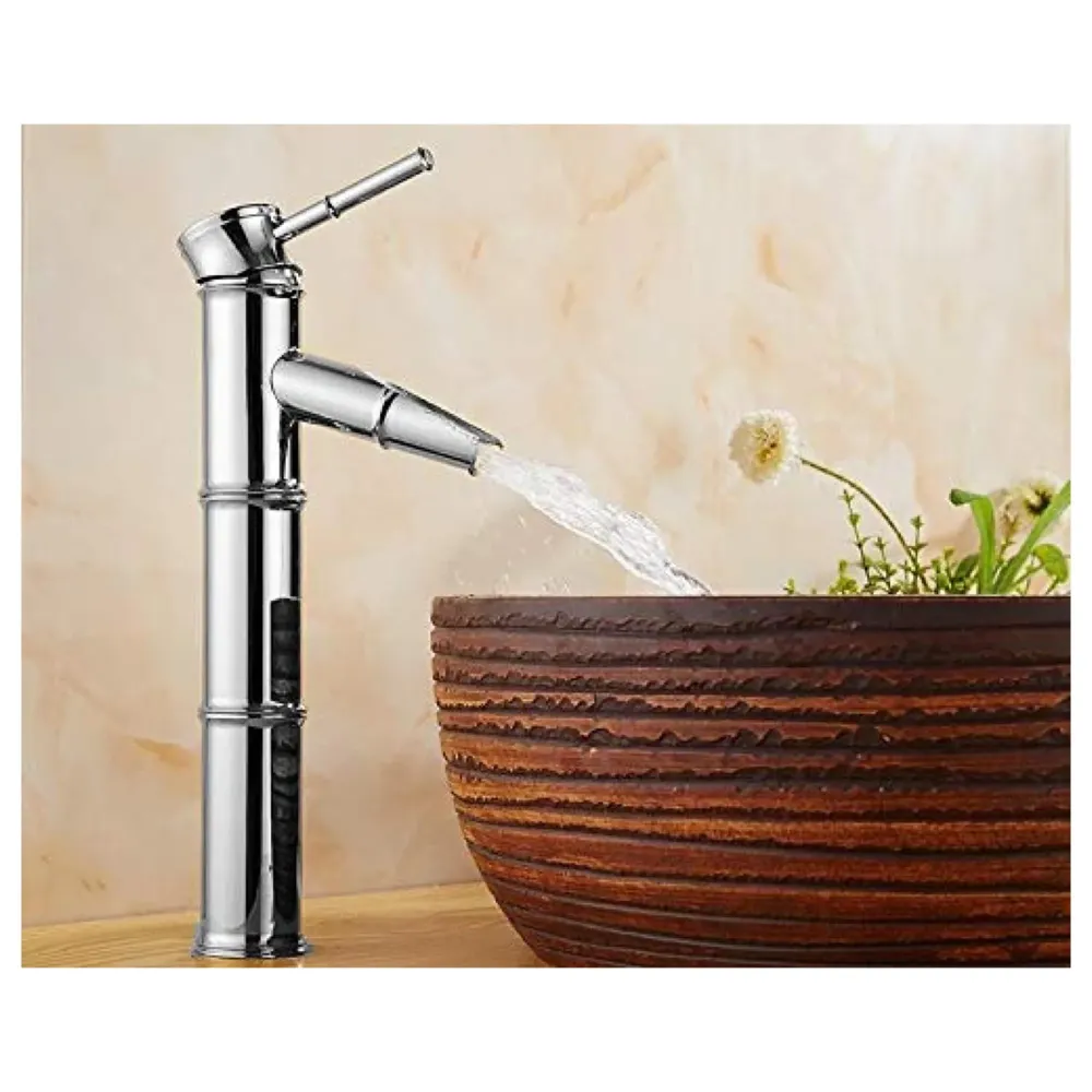 Silver Chrome Waterfall Bamboo Spout Single Lever Basin Mixer with 2 Braided Connection Pipes 450mm Hot and Cold, Bamboo with Aerated Water Flow, 12 Inches Height - 3