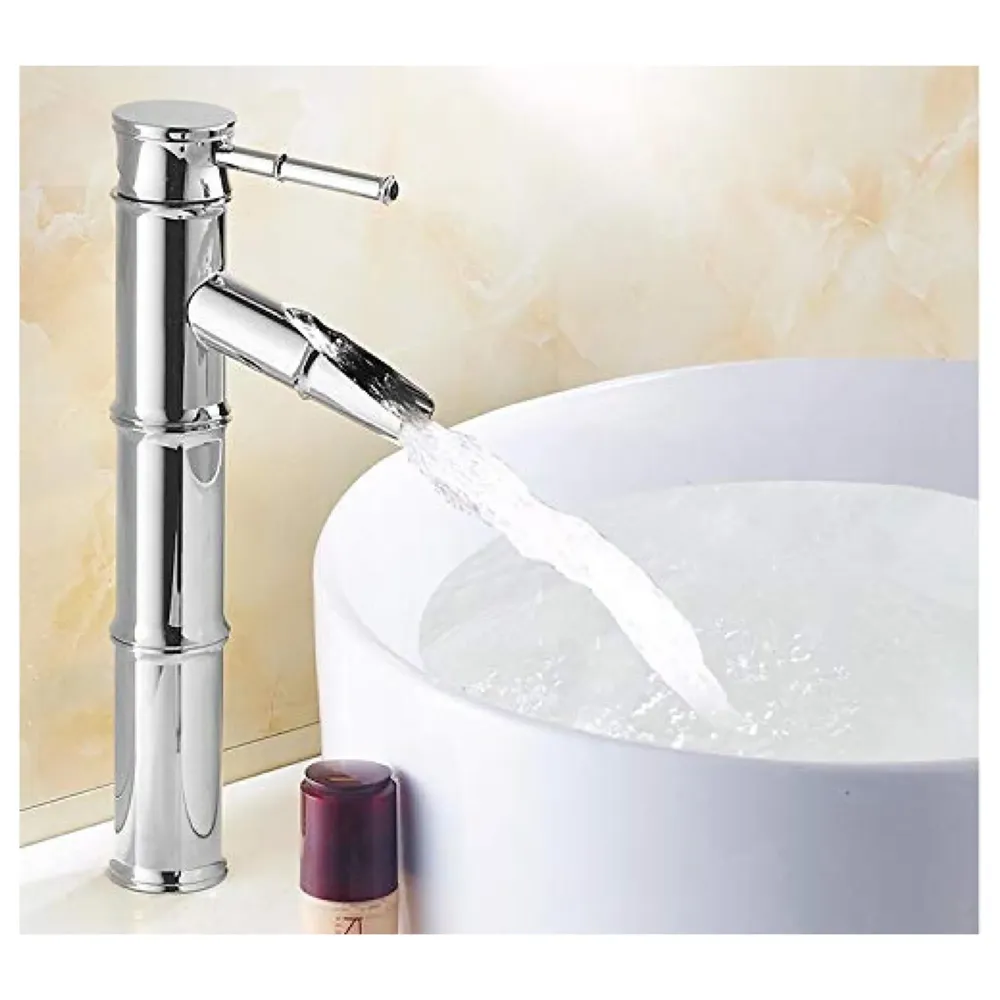 Silver Chrome Waterfall Bamboo Spout Single Lever Basin Mixer with 2 Braided Connection Pipes 450mm Hot and Cold, Bamboo with Aerated Water Flow, 12 Inches Height