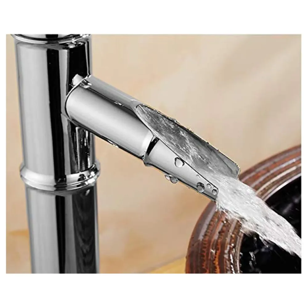 Silver Chrome Waterfall Bamboo Spout Single Lever Basin Mixer with 2 Braided Connection Pipes 450mm Hot and Cold, Bamboo with Aerated Water Flow, 12 Inches Height