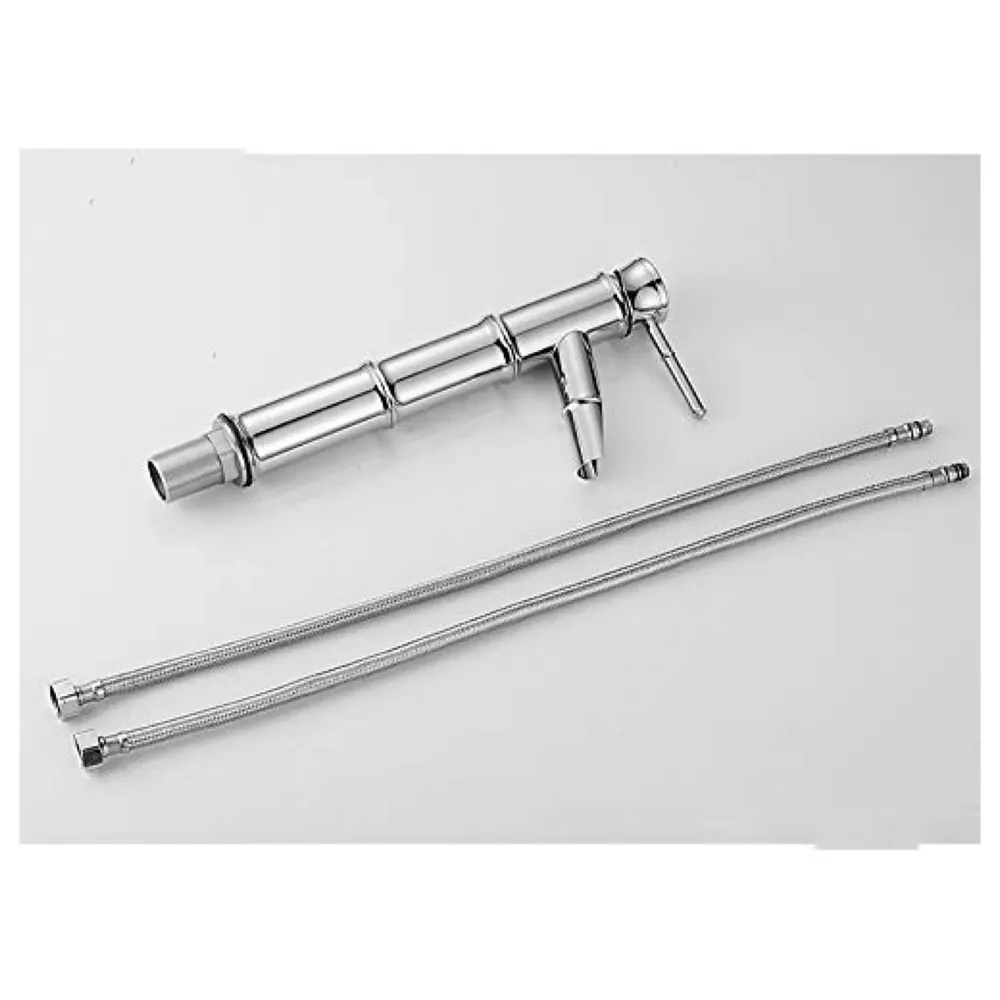 Silver Chrome Waterfall Bamboo Spout Single Lever Basin Mixer with 2 Braided Connection Pipes 450mm Hot and Cold, Bamboo with Aerated Water Flow, 12 Inches Height