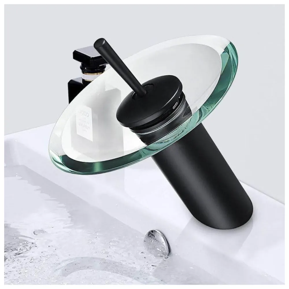 Black Glass tap Faucet Waterfall Mixer Basin Tap Faucet Basin Mixer Fancy Round Pillar Tap Cock Hot and Cold Bathroom Faucet Brass Single Lever Sink Faucet.