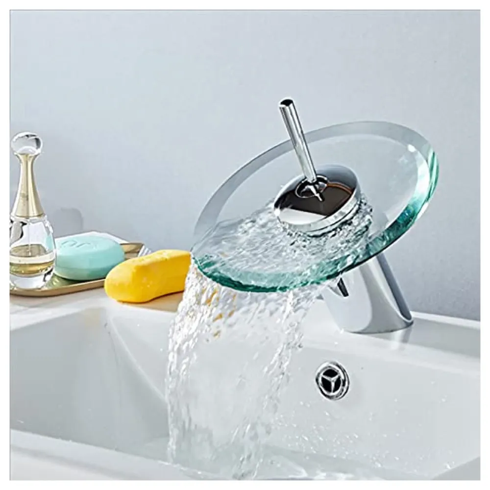 Glass Waterfall Mixer Bathroom Faucet Brass Single Lever Basin Vanity Lavatory Vessel Sink Faucet.