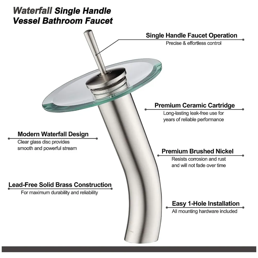 Tall Glass Waterfall Mixer Bathroom Faucet Brass Single Lever Basin Vanity Lavatory Vessel Sink Faucet 11 Inches