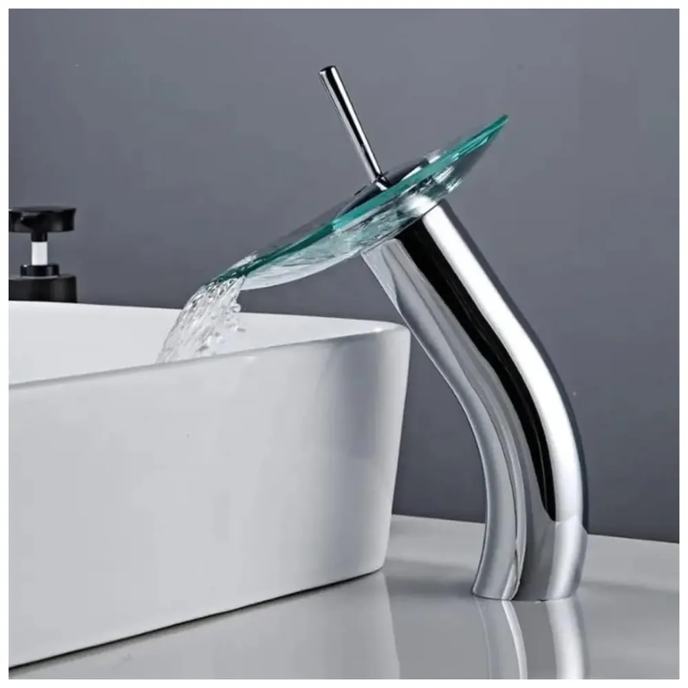 Tall Glass Waterfall Mixer Bathroom Faucet Brass Single Lever Basin Vanity Lavatory Vessel Sink Faucet 11 Inches