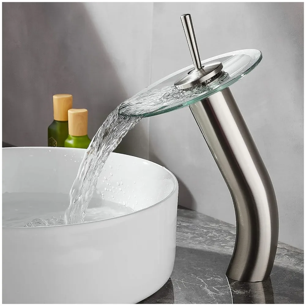Tall Glass Waterfall Mixer Bathroom Faucet Brass Single Lever Basin Vanity Lavatory Vessel Sink Faucet 11 Inches
