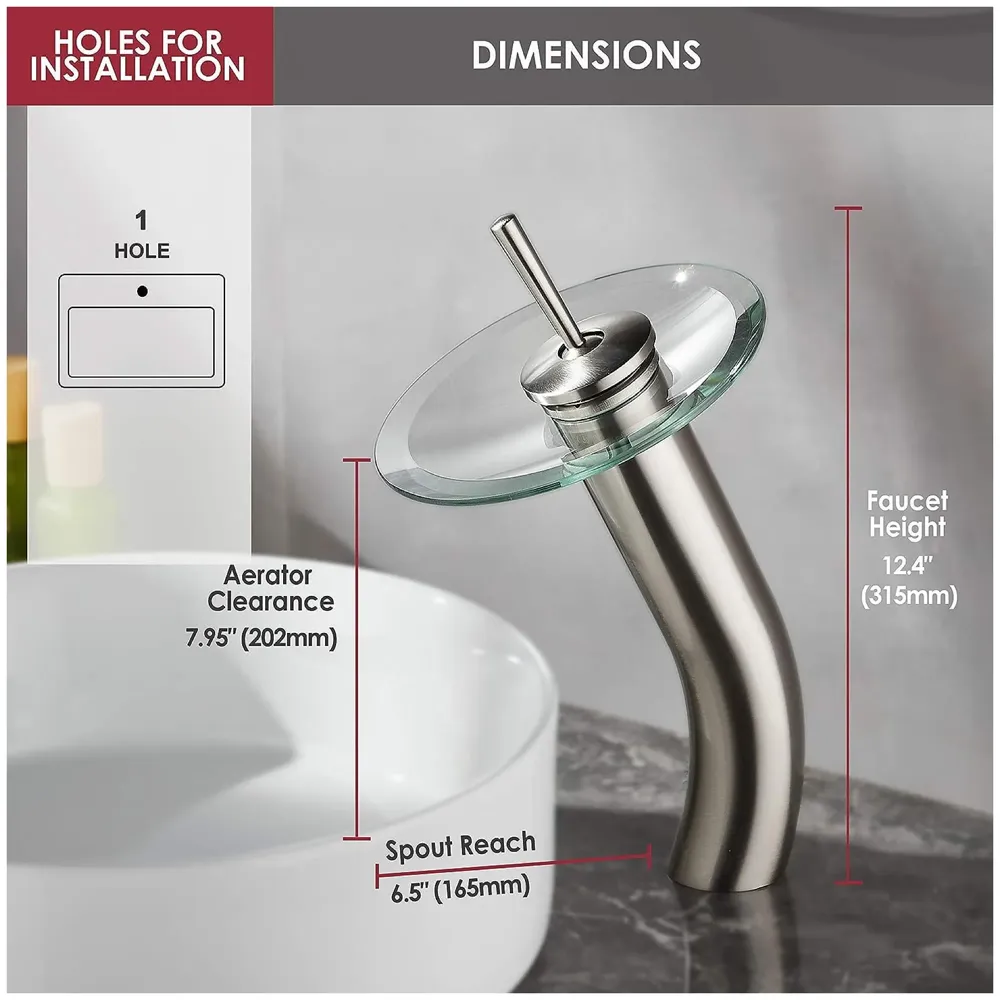 Tall Glass Waterfall Mixer Bathroom Faucet Brass Single Lever Basin Vanity Lavatory Vessel Sink Faucet 11 Inches