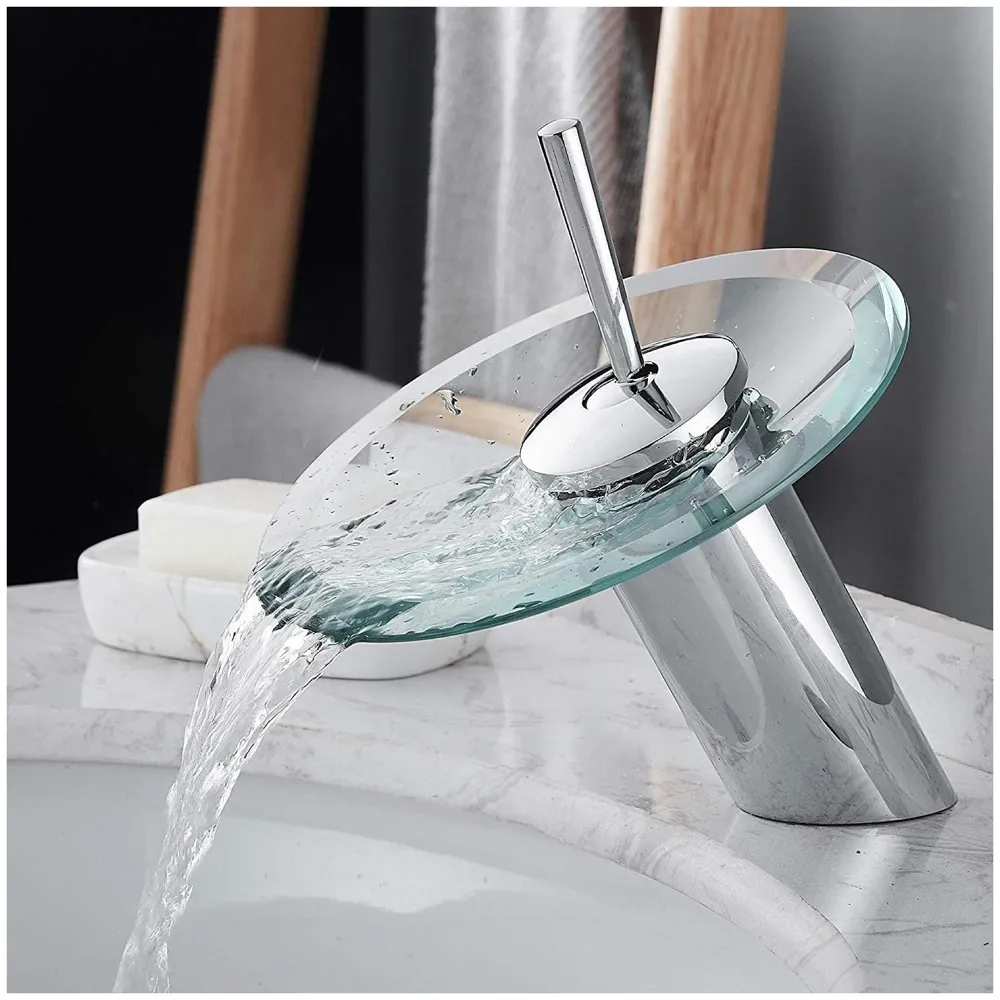 Chrome Glass Waterfall Mixer Basin Tap Faucet Basin Mixer Fancy Round Pillar Tap Cock Hot and Cold Bathroom Faucet Brass Single Lever Sink Faucet.