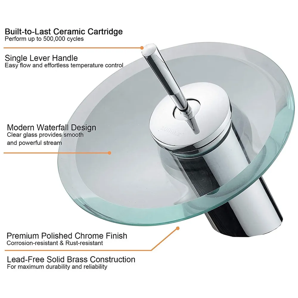 Chrome Glass Waterfall Mixer Basin Tap Faucet Basin Mixer Fancy Round Pillar Tap Cock Hot and Cold Bathroom Faucet Brass Single Lever Sink Faucet.