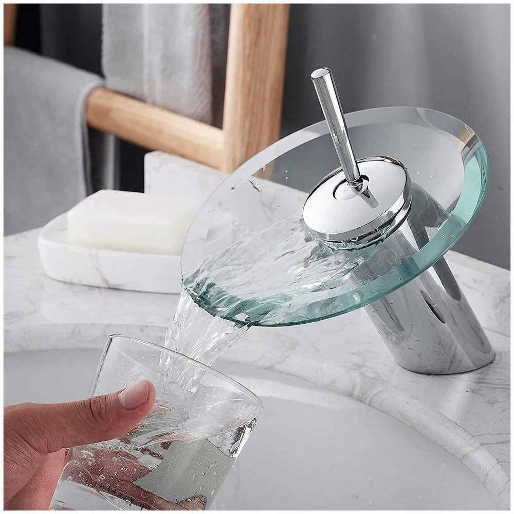 Chrome Glass Waterfall Mixer Basin Tap Faucet Basin Mixer Fancy Round Pillar Tap Cock Hot and Cold Bathroom Faucet Brass Single Lever Sink Faucet.
