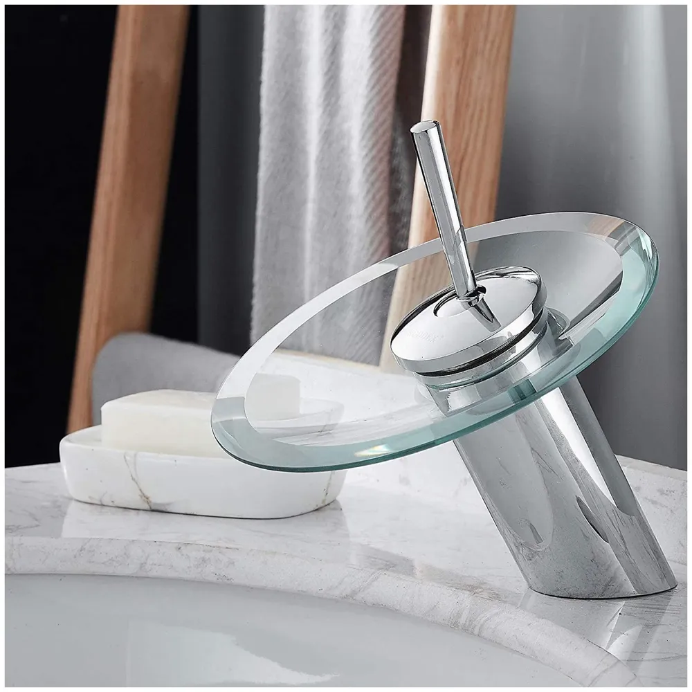 BUCKLE UP Glass Basin Tap Faucet, Transparent, Chrome Finish