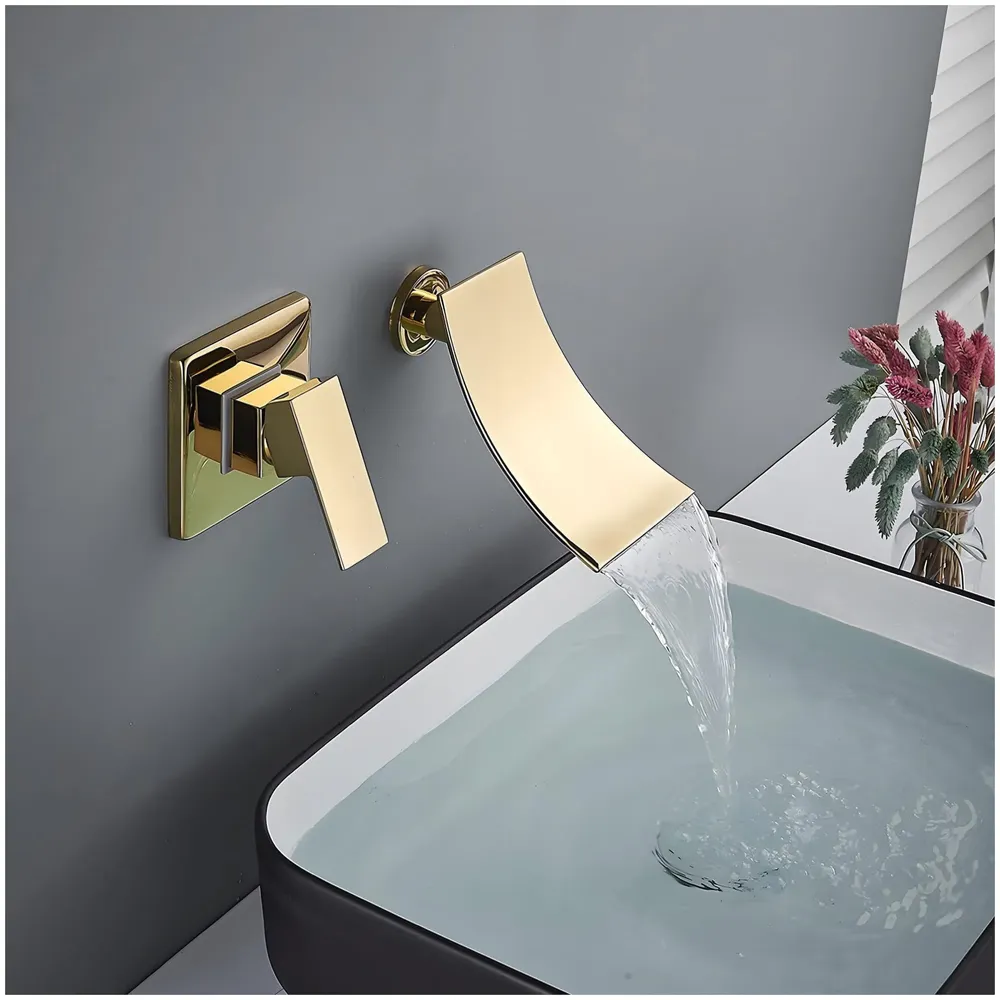 Gold Waterfall Basin Tap Faucet Mixer Wall Brass for Bathroom Toilet Wash Basins Hot and Cold Water - Golden Colour - 19 cm