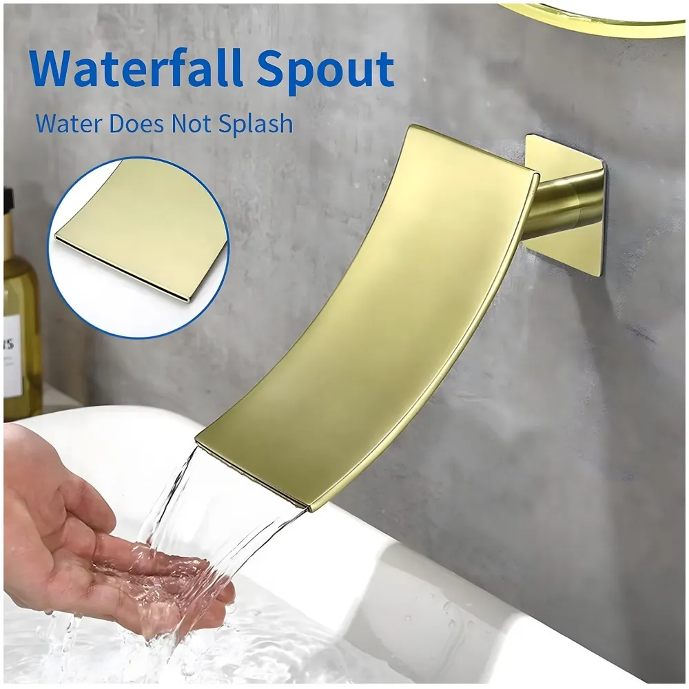 Gold Waterfall Basin Tap Faucet Mixer Wall Brass for Bathroom Toilet Wash Basins Hot and Cold Water - Golden Colour - 19 cm