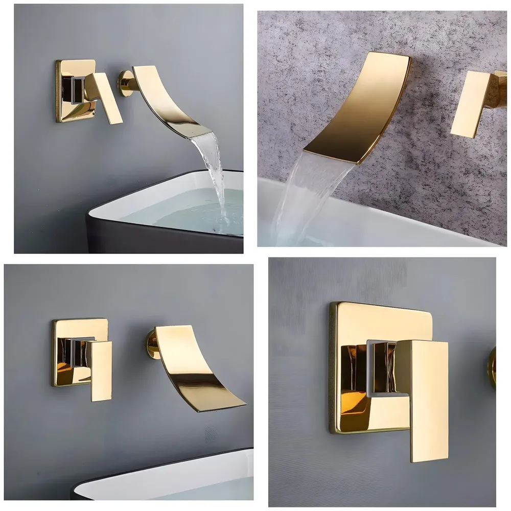 Gold Waterfall Basin Tap Faucet Mixer Wall Brass for Bathroom Toilet Wash Basins Hot and Cold Water - Golden Colour - 19 cm