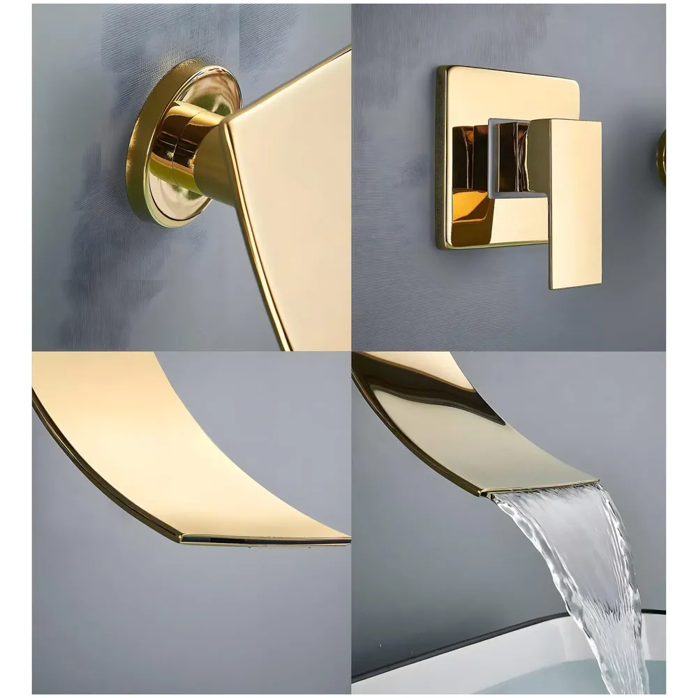 Gold Waterfall Basin Tap Faucet Mixer Wall Brass for Bathroom Toilet Wash Basins Hot and Cold Water - Golden Colour - 19 cm