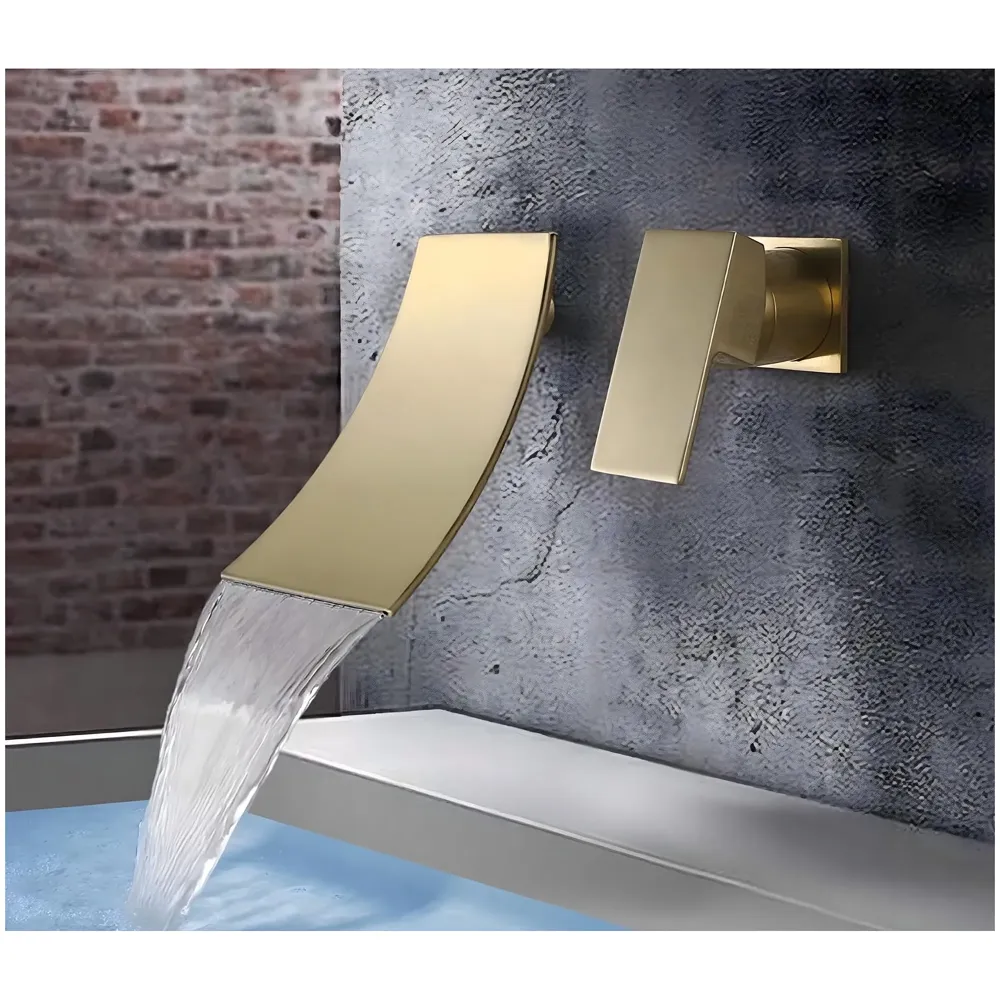 Gold Waterfall Basin Tap Faucet Mixer Wall Brass for Bathroom Toilet Wash Basins Hot and Cold Water - Golden Colour - 19 cm