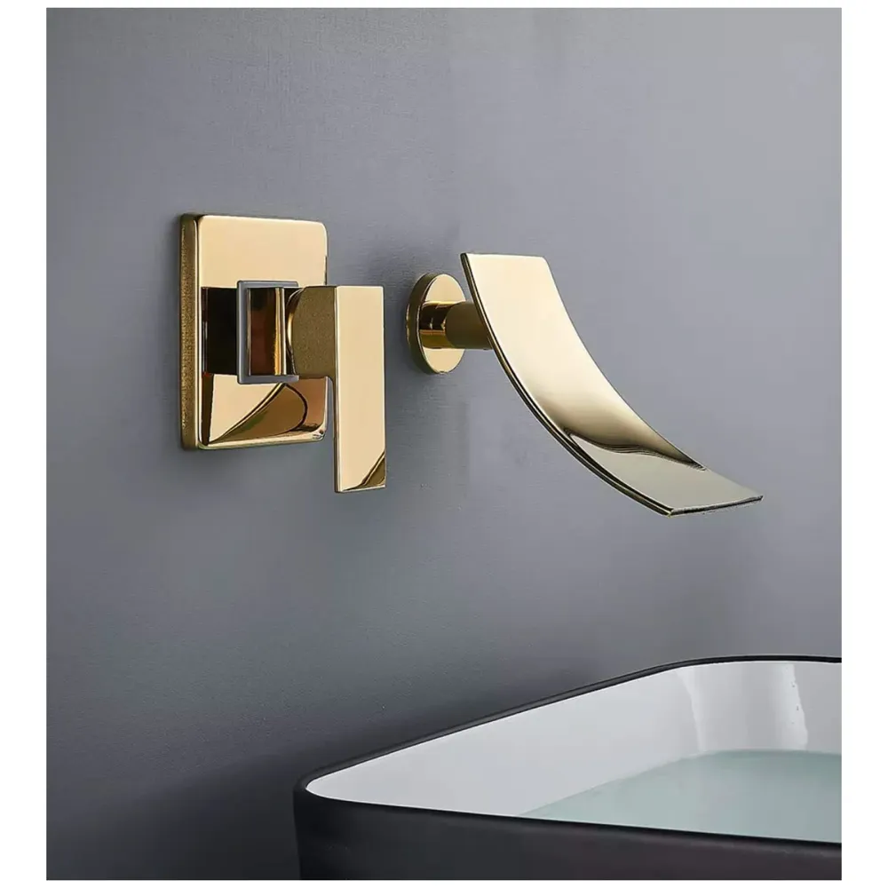 Gold Waterfall Basin Tap Faucet Mixer Wall Brass for Bathroom Toilet Wash Basins Hot and Cold Water - Golden Colour - 19 cm