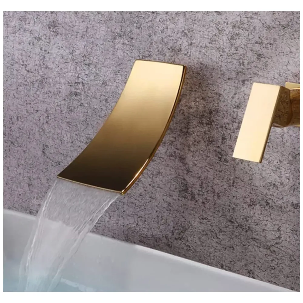 Gold Waterfall Basin Tap Faucet Mixer Wall Brass for Bathroom Toilet Wash Basins Hot and Cold Water - Golden Colour - 19 cm