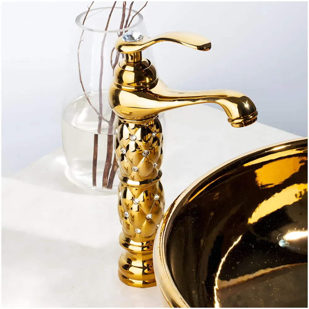 Gold Brass Heavy Basin Mixer Faucet Tap for Bathroom Toilet Wash Basins Hot and Cold Water, Gold Diamond 12 Inch Height