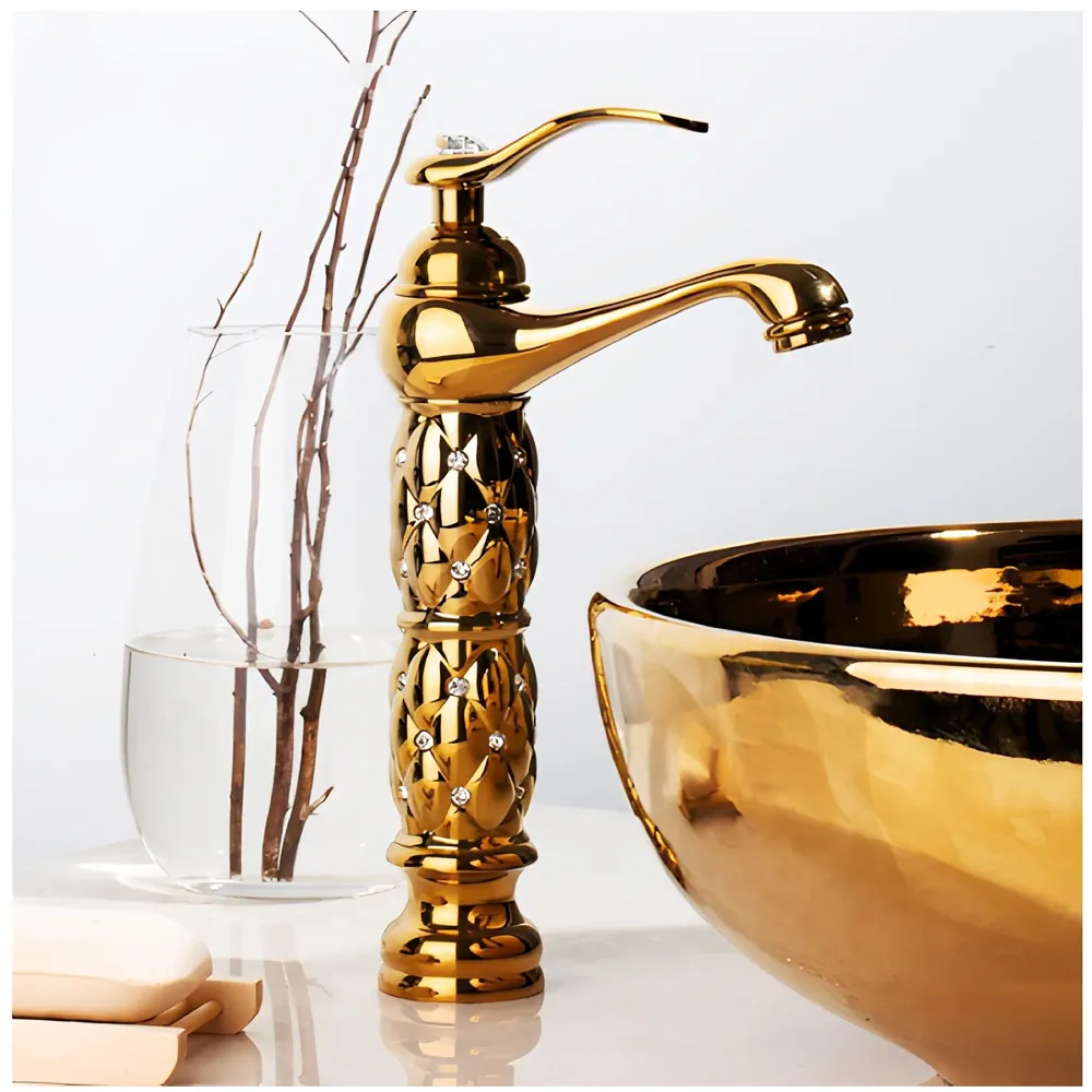 Gold Brass Heavy Basin Mixer Faucet Tap for Bathroom Toilet Wash Basins Hot and Cold Water, Gold Diamond 12 Inch Height - 2