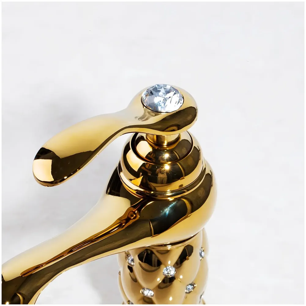 Gold Brass Heavy Basin Mixer Faucet Tap for Bathroom Toilet Wash Basins Hot and Cold Water, Gold Diamond 12 Inch Height - 3