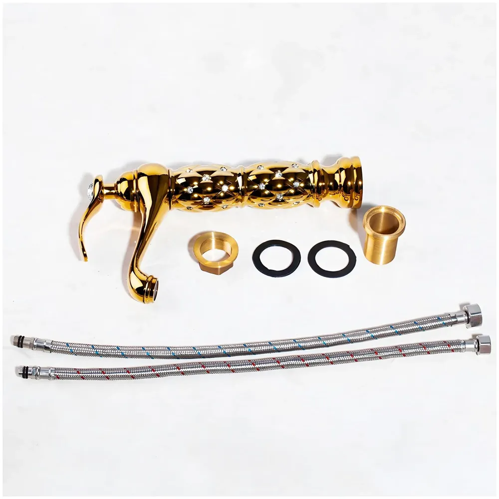 Gold Brass Heavy Basin Mixer Faucet Tap for Bathroom Toilet Wash Basins Hot and Cold Water, Gold Diamond 12 Inch Height - 5