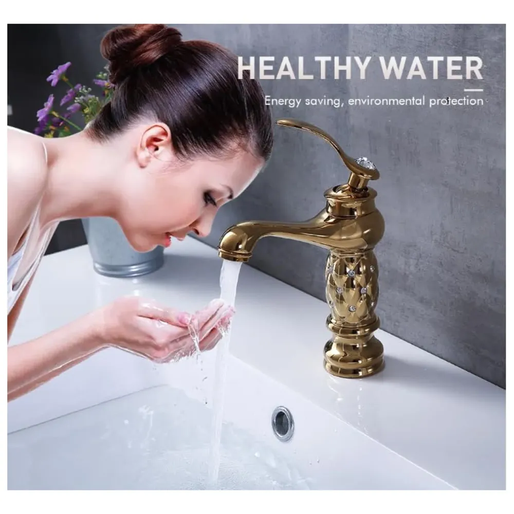 Gold Brass Heavy Basin Mixer Faucet Tap for Bathroom Toilet Wash Basins Hot and Cold Water, Gold Diamond 12 Inch Height - 6