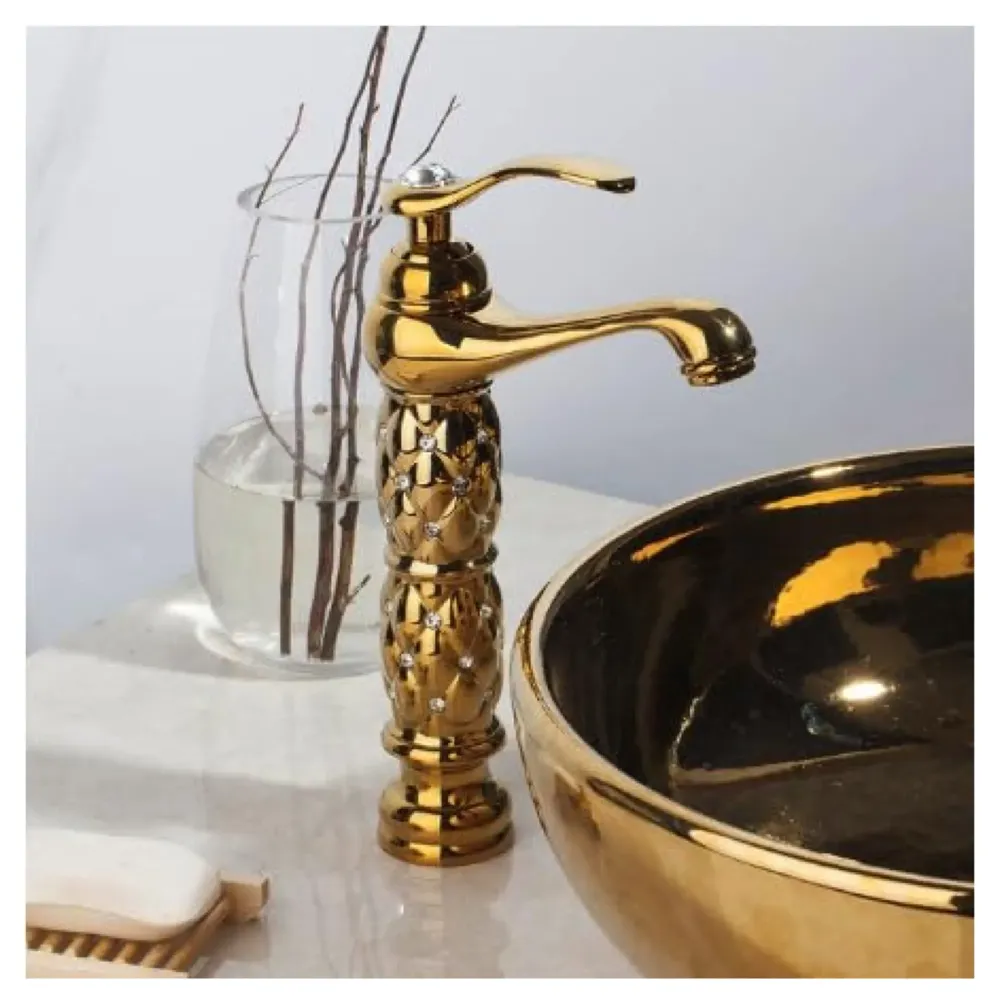Gold Brass Heavy Basin Mixer Faucet Tap for Bathroom Toilet Wash Basins Hot and Cold Water, Gold Diamond 12 Inch Height - 7