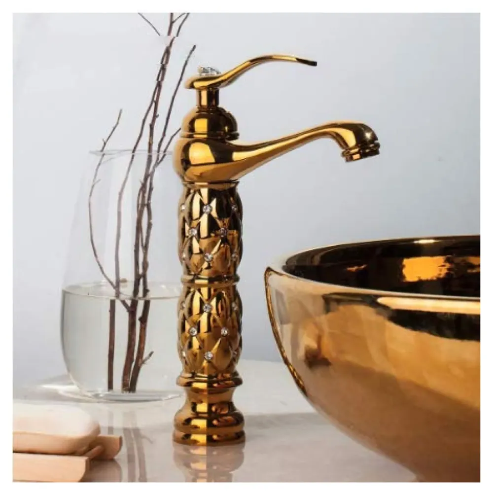 Gold Brass Heavy Basin Mixer Faucet Tap for Bathroom Toilet Wash Basins Hot and Cold Water, Gold Diamond 12 Inch Height
