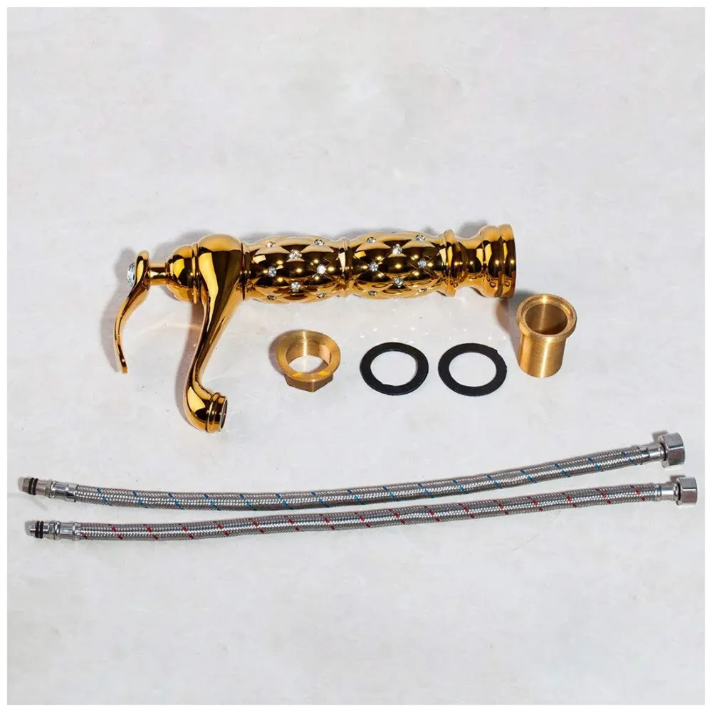 Gold Brass Heavy Basin Mixer Faucet Tap for Bathroom Toilet Wash Basins Hot and Cold Water, Gold Diamond 12 Inch Height