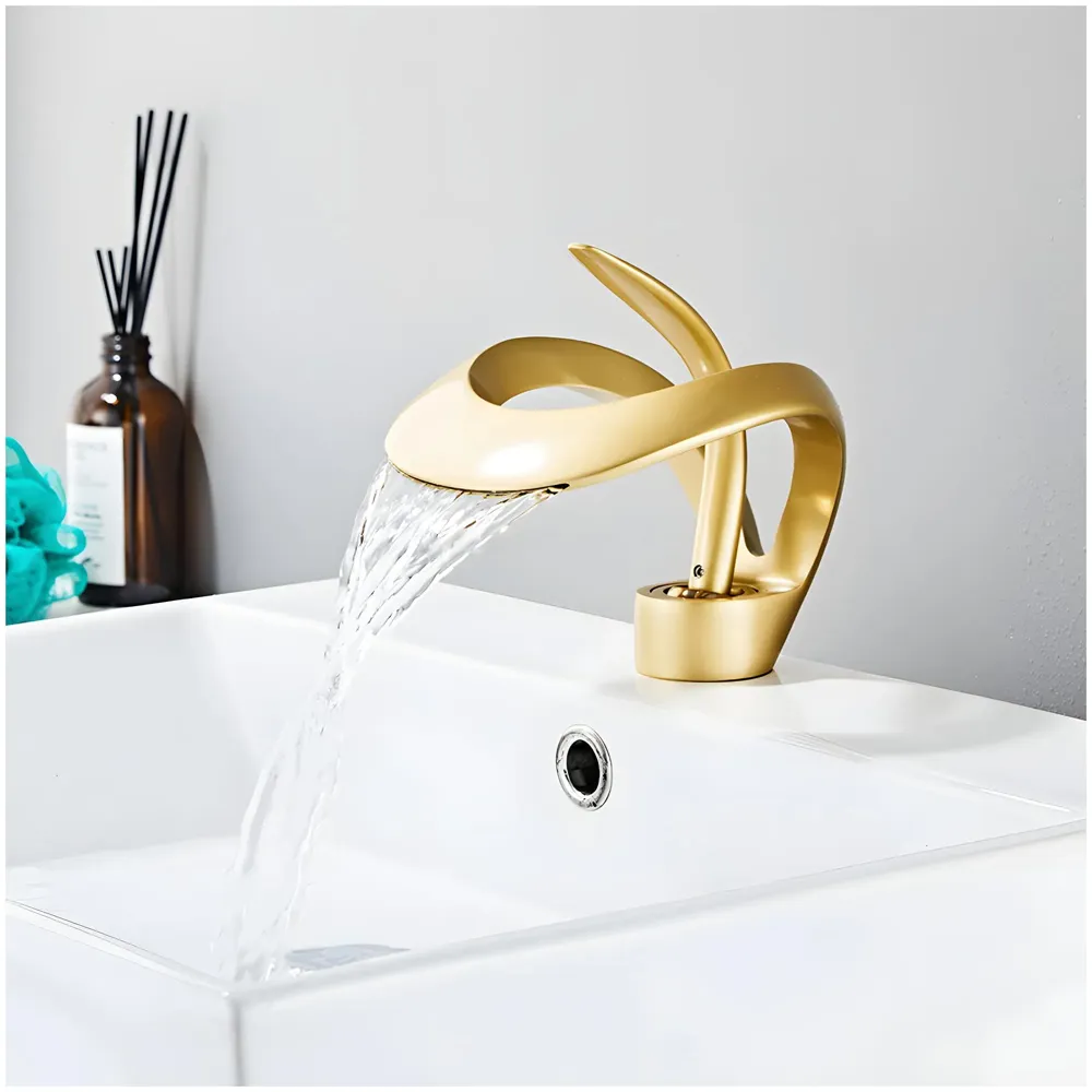 Brass Single Lever Basin Mixer Gold Golden Vessel Mounted Designer Waterfall Flow Tap Faucet for Bathroom Toilet Kitchen