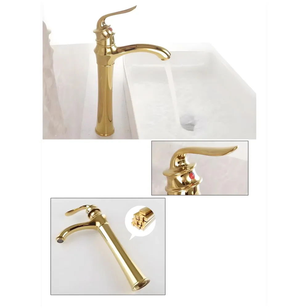 Gold Faucet Tap Mixer Hot and Cold Water Long Nose Single Lever Basin Mixer with Connector Pipes and Ceramic Cartridge for Bathroom Wash Basins - 30cm x 20 cm Golden Faucet