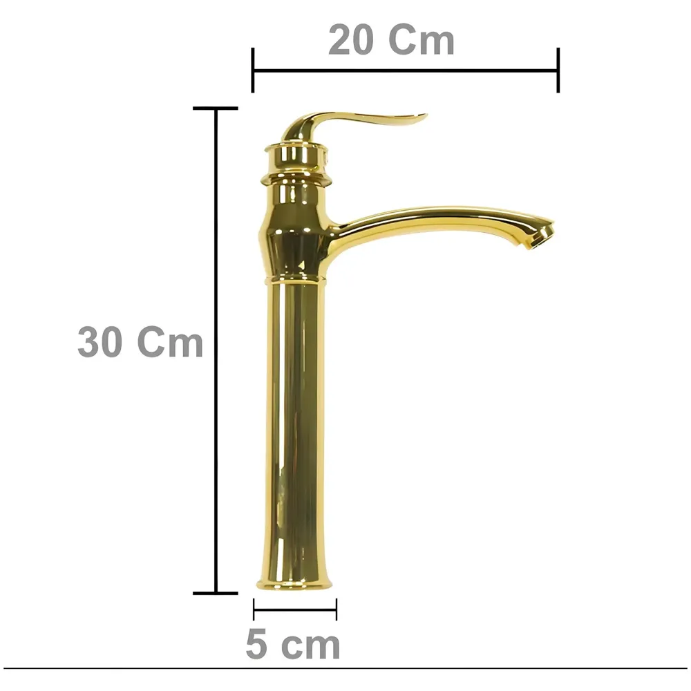 Gold Faucet Tap Mixer Hot and Cold Water Long Nose Single Lever Basin Mixer with Connector Pipes and Ceramic Cartridge for Bathroom Wash Basins - 30cm x 20 cm Golden Faucet