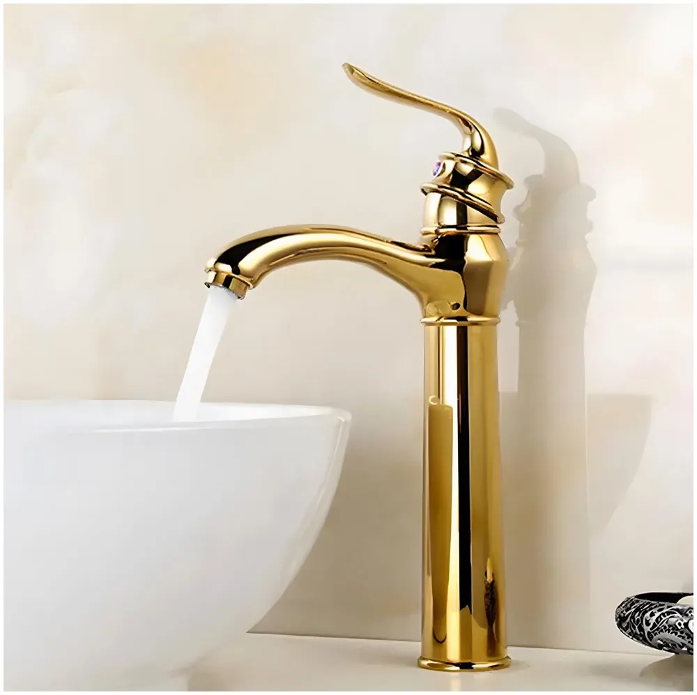 Gold Faucet Tap Mixer Hot and Cold Water Long Nose Single Lever Basin Mixer with Connector Pipes and Ceramic Cartridge for Bathroom Wash Basins - 30cm x 20 cm Golden Faucet