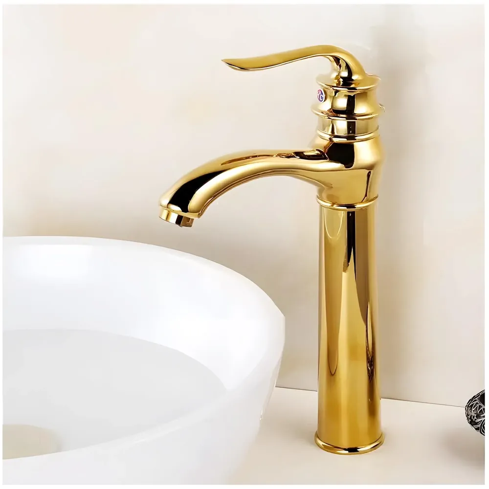 Gold Faucet Tap Mixer Hot and Cold Water Long Nose Single Lever Basin Mixer with Connector Pipes and Ceramic Cartridge for Bathroom Wash Basins - 30cm x 20 cm Golden Faucet