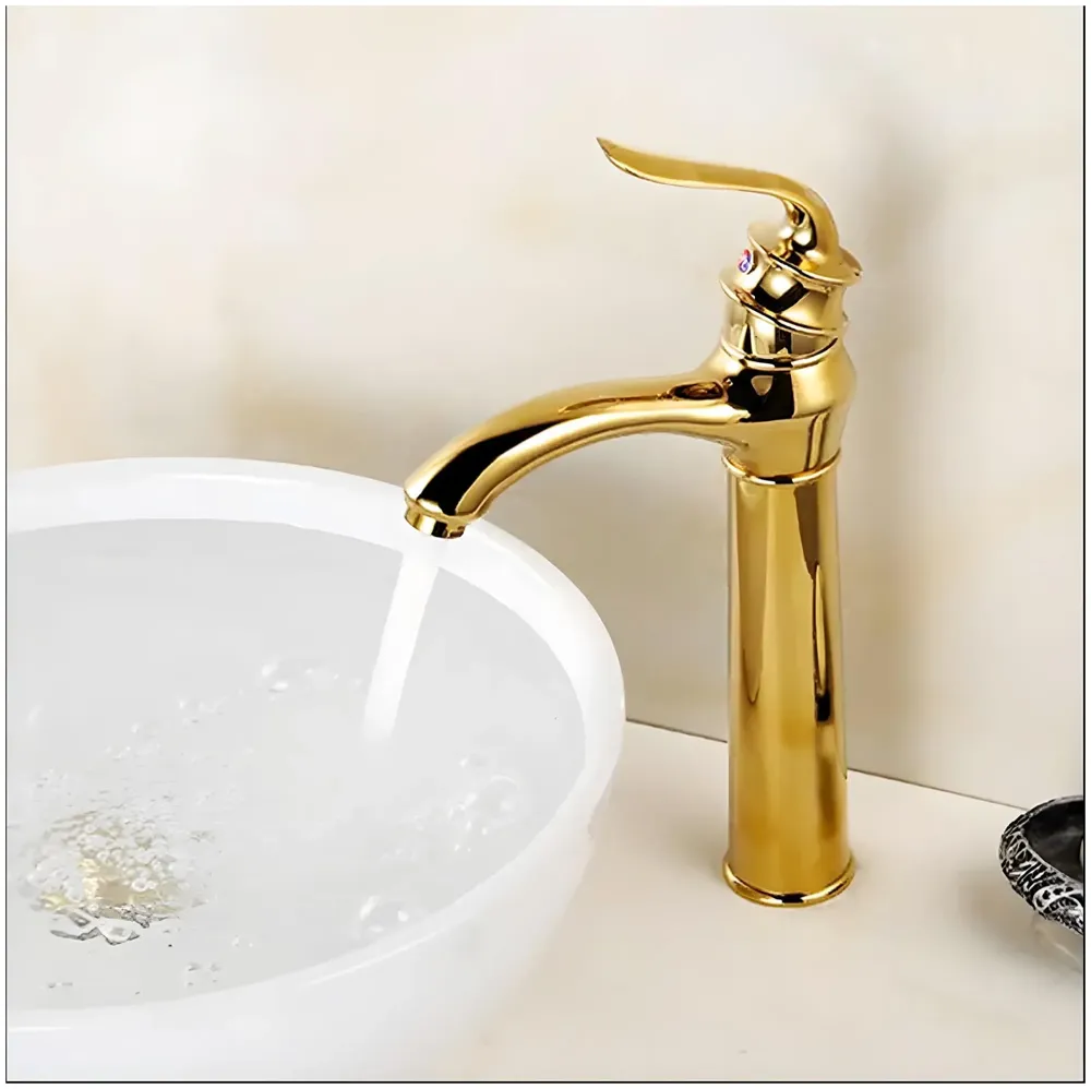 Gold Faucet Tap Mixer Hot and Cold Water Long Nose Single Lever Basin Mixer with Connector Pipes and Ceramic Cartridge for Bathroom Wash Basins - 30cm x 20 cm Golden Faucet