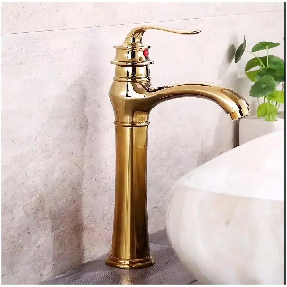Gold Faucet Tap Mixer Hot and Cold Water Long Nose Single Lever Basin Mixer with Connector Pipes and Ceramic Cartridge for Bathroom Wash Basins - 30cm x 20 cm Golden Faucet