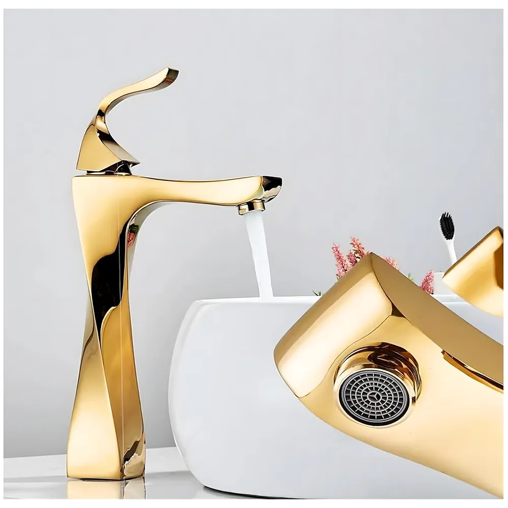 Twist Gold Faucet Tap Mixer Hot and Cold Water Heavy Single Lever Basin Mixer 12 inches with Connector Pipes and Ceramic Cartridge for Bathroom Wash Basins - 30cm x 17 cm Golden