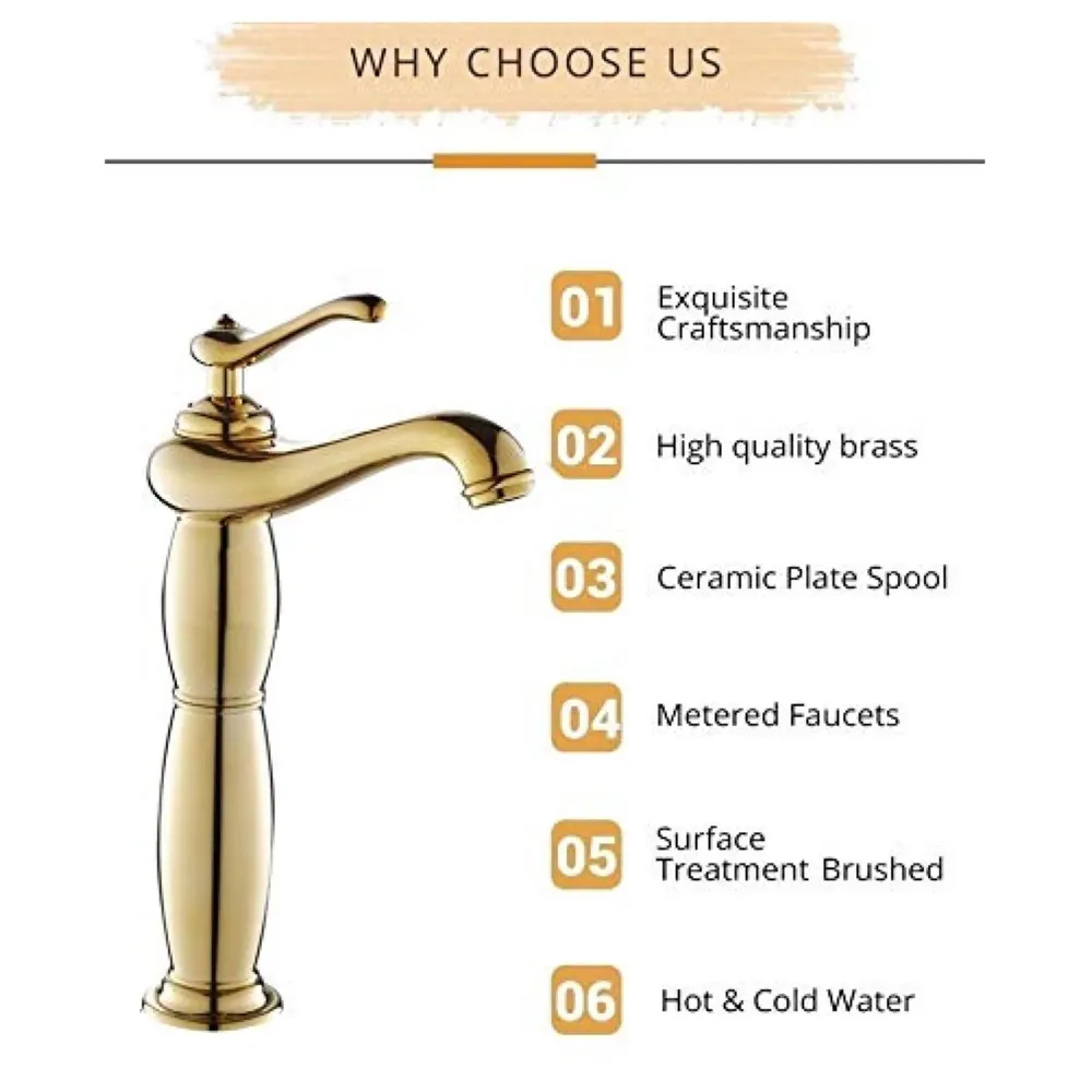 Copper Basin Mixer Tap Faucet with Connection Pipes Gold Colour (Golden Belle)