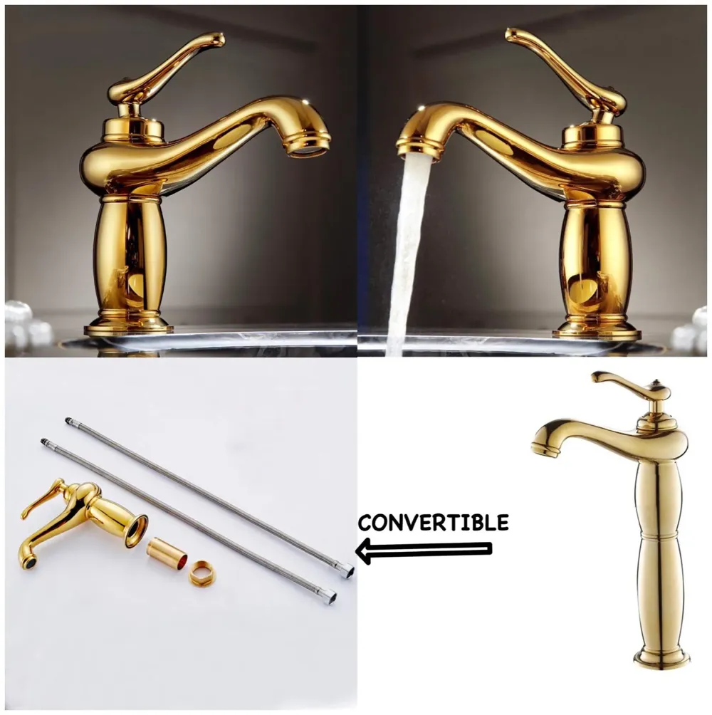 Copper Basin Mixer Tap Faucet with Connection Pipes Gold Colour (Golden Belle)