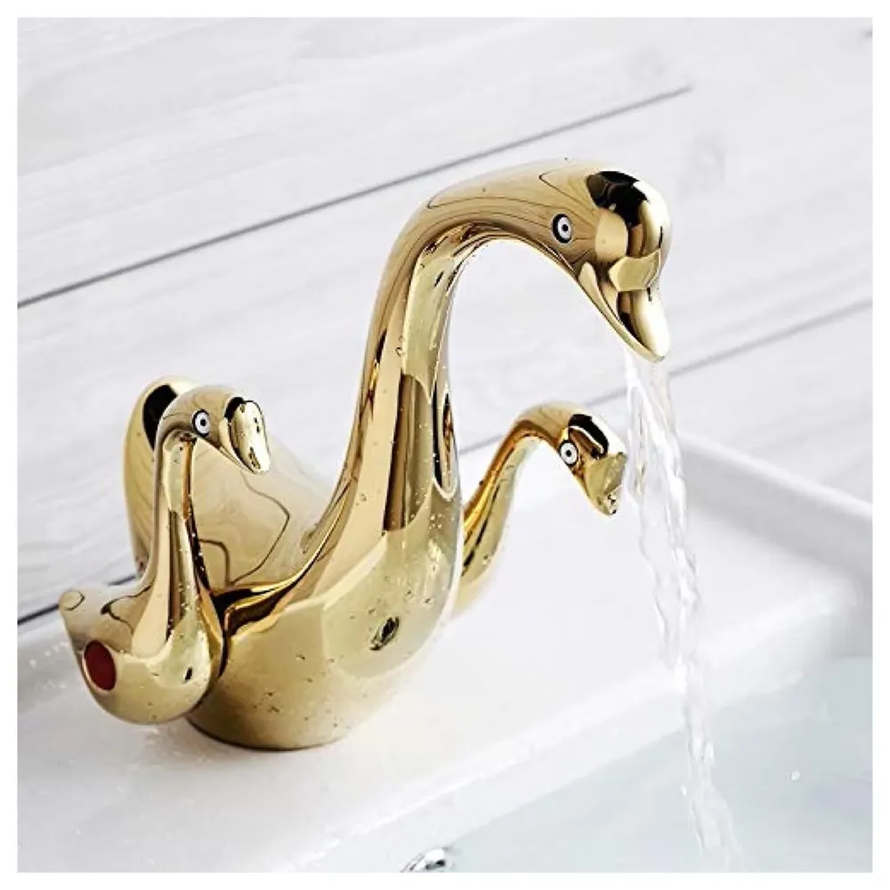 Golden Duck Heavy Basin Mixer Faucet tap Gold Colour for Bathroom Toilet Wash Basins Hot and Cold Water - (Golden Duck)