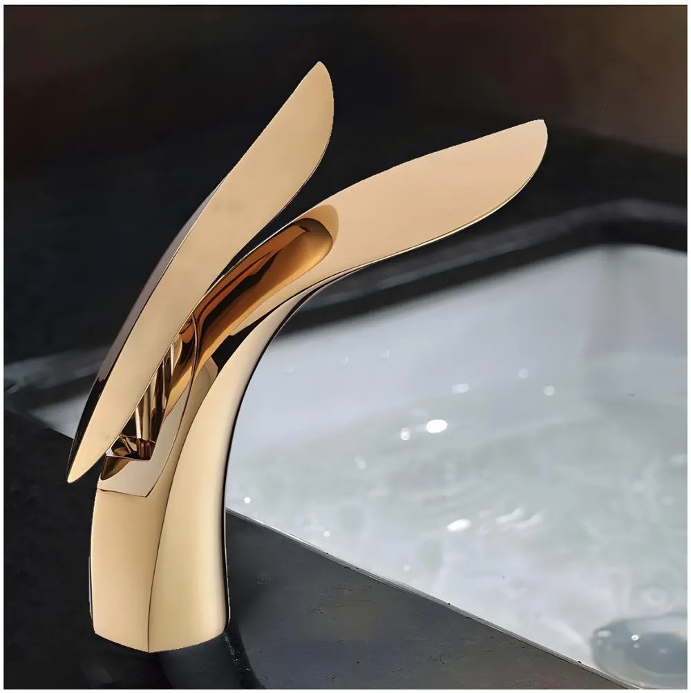 Gold Basin Tap Faucet Mixer for Bathroom Toilet Wash Basins Hot and Cold Water (Without pop-up) (Golden Leaf) 18.5 cm Height