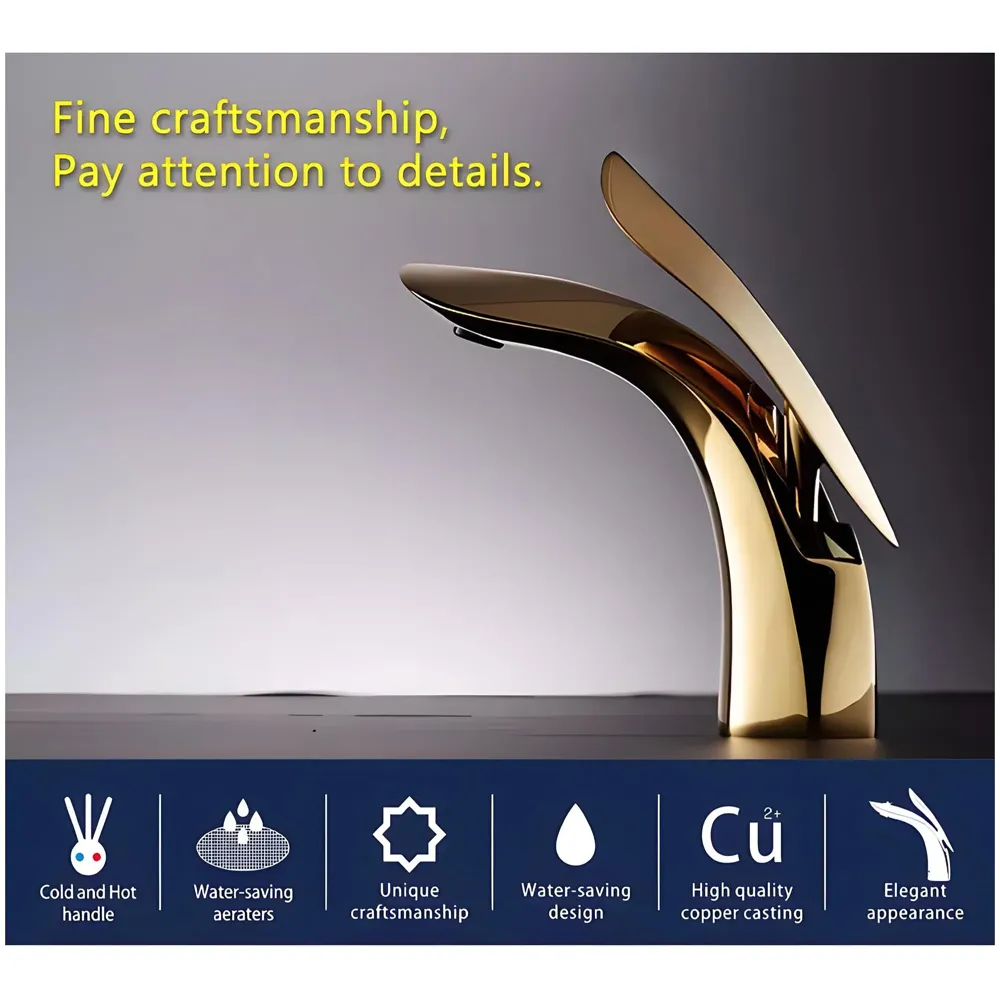 Gold Basin Tap Faucet Mixer for Bathroom Toilet Wash Basins Hot and Cold Water (Without pop-up) (Golden Leaf) 18.5 cm Height - 3